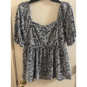 Orange Farm Baby Doll Blouse Top V Neck Blue White Floral Eyelet Top EUC- Size M
